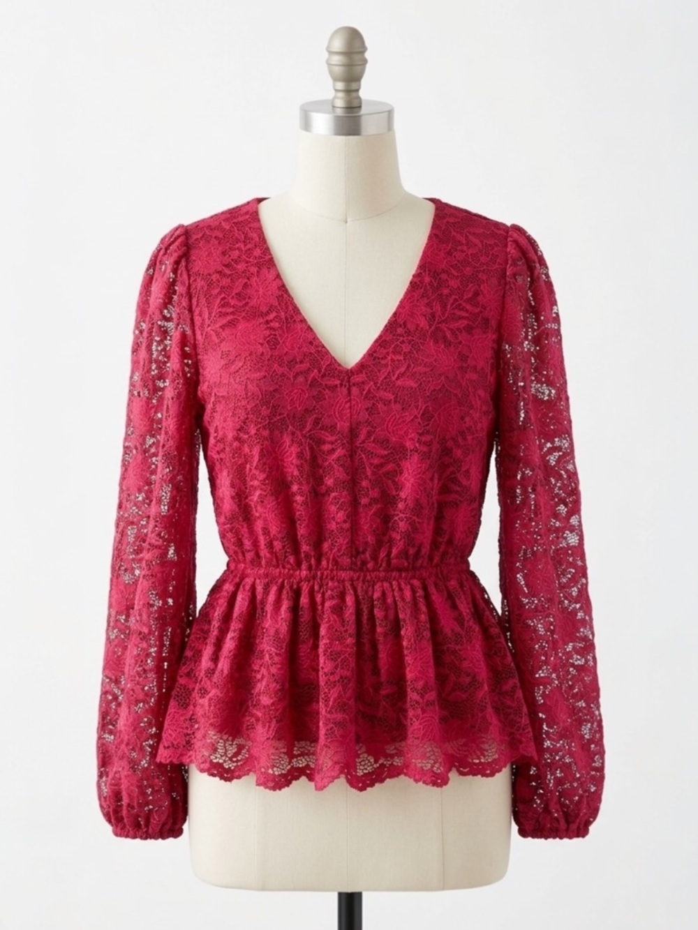 Maurices Red Floral Lace V Neck Long Sleeve Boho Peplum Blouse Top Size Large